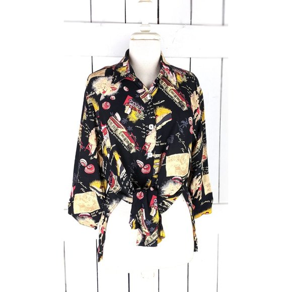 Loco Wido black sheer California beach summer vacation retro print blouse medium - Picture 7 of 9